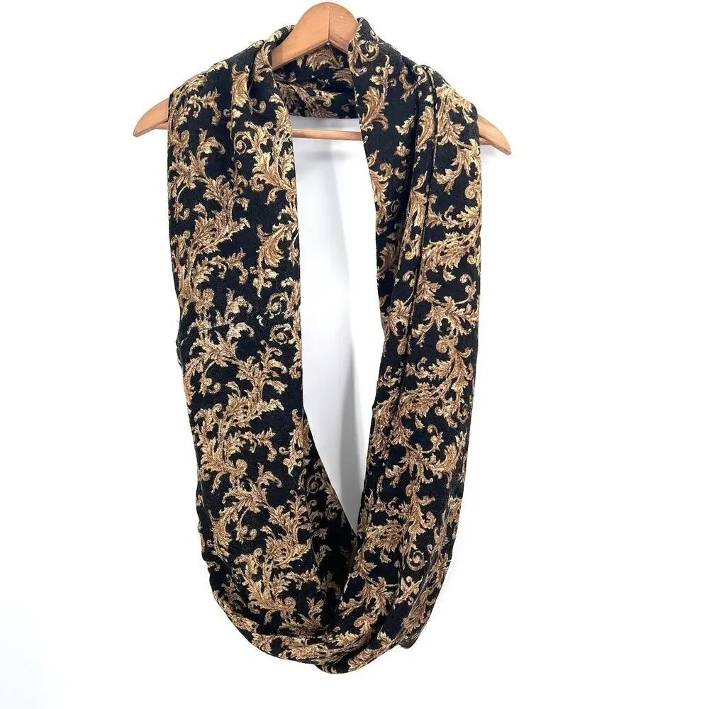 Vintage Chaps Infinity Scarf - Black Tan Filigree Pattern Soft Neck Scarf